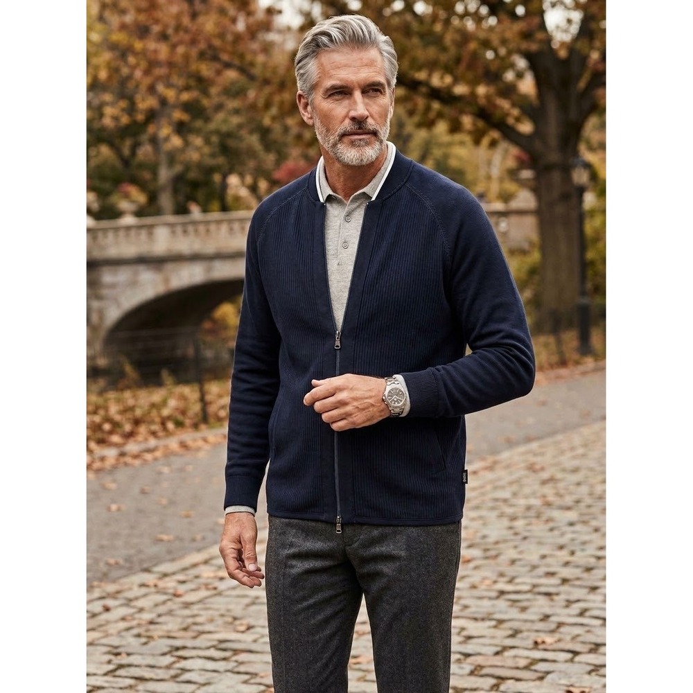 Hugo Boss Mens XL Navy Blue Ribbed Cotton Full Zip Bomber Jacket Raglan Sleeve